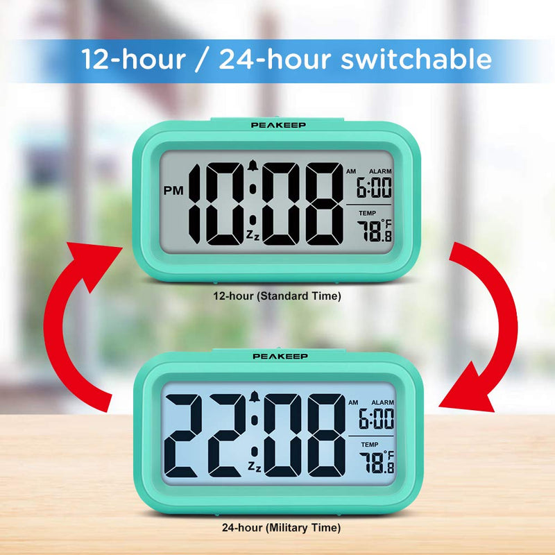 PEAKEEP Smart Night Light Digital Alarm Clock with Indoor Temperature, Battery Operated Desk Small Clock (Mint) Mint - LeoForward Australia