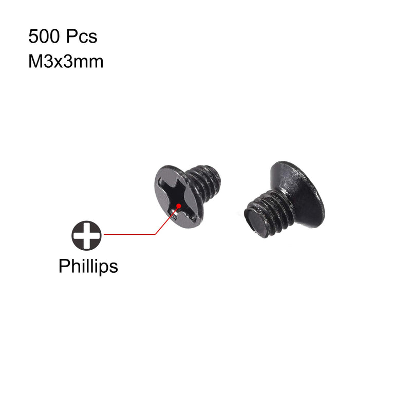  [AUSTRALIA] - uxcell M3 x 3mm Phillips Screw Fastener Black for Laptop PC TV Fan Switch 500pcs M3x3mm