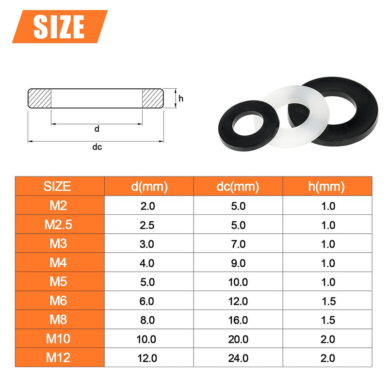  [AUSTRALIA] - HELIFOUNER 1000 Pieces 9 Sizes White/Black Nylon Flat Washers Assortment Kit - M2 M2.5 M3 M4 M5 M6 M8 M10 M12