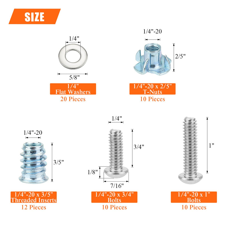  [AUSTRALIA] - HELIFOUNER 1/4"-20 Threaded Inserts for Wood Furniture, T Nuts, 1/4-20 x 3/4", 1" Button Head Socket Cap Screws, Flat Washers Assortment Kit, 62 Pieces 1/4"-20 Kit, 62 Pieces