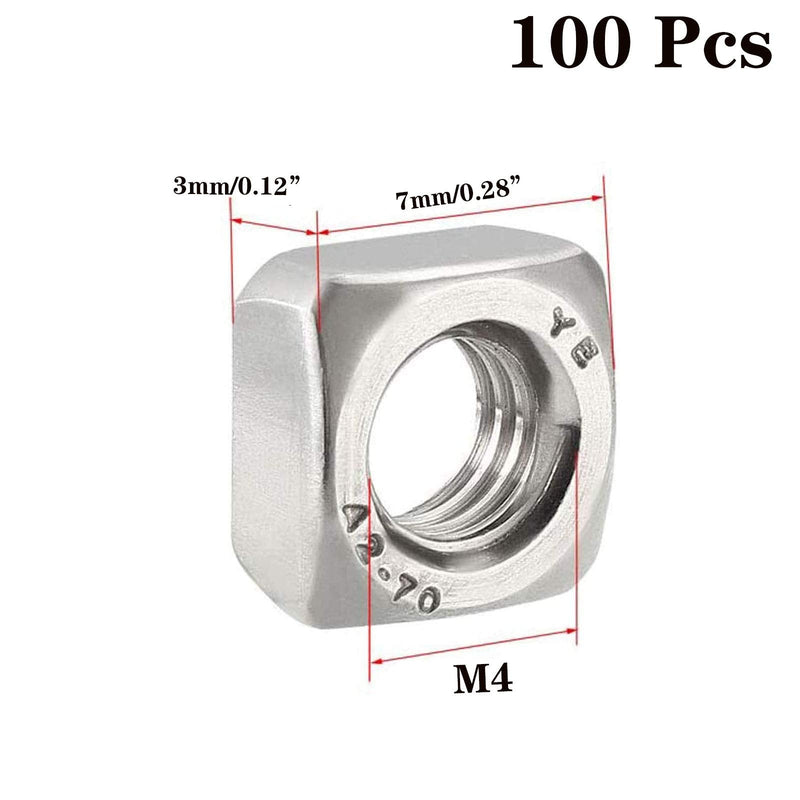  [AUSTRALIA] - M4-0.7 Square Nuts, 304 Stainless Steel Metric Coarse Thread Assortment Kit (100 Pcs) M4-0.7（100 Pcs）