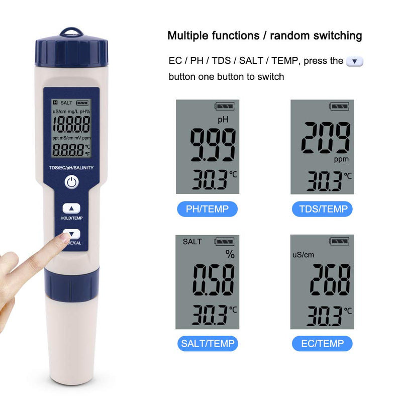 RCYAGO Digital pH Meter, 5 in 1 TDS/EC/PH/Salinity/Temperature Meter Digital Water Quality Monitor Tester for Pools, Hydroponics, Drinking Water, Aquariums (No Backlight) No Backlight - LeoForward Australia
