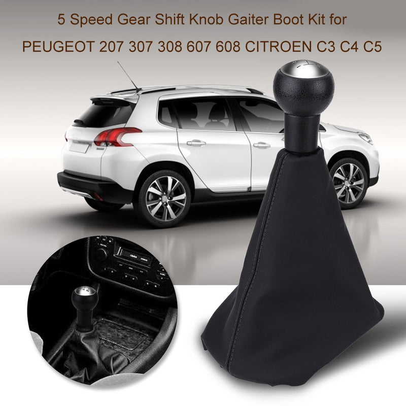  [AUSTRALIA] - Keenso 5 Speed Car Gear Shift Stick Knob Gearstick Gaiter Boot Kit - Gear Shift Boot and Car Shift Knob Gaiter Black Leather for PEUGEOT 307 308 607 608 CITROEN C3 C5
