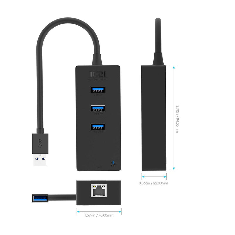 ICZI USB 3.0 Hub Ethernet Adapter with 3 USB 3.0 Splitter and RJ45 Gigabit Ethernet Hub Supporting 10/100/1000 Mbps Network Black (USB 3.0) - LeoForward Australia