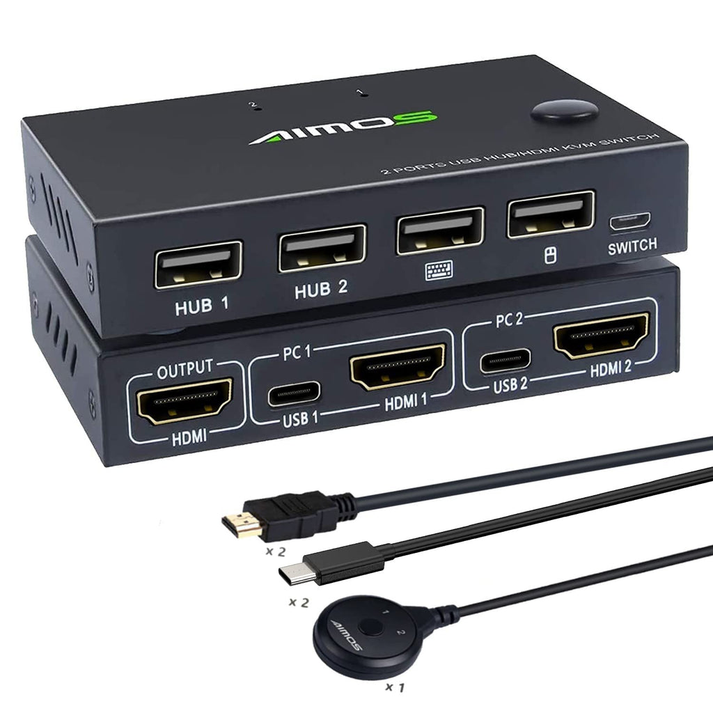  [AUSTRALIA] - KVM Switch HDMI 2 Port 4K@30Hz,AIMAISHI HDMI and USB Switch with 4 USB 2.0 Ports for 2 Computer Share Keyboard Mouse and 1 Monitor, with 2 HDMI Cable and 2 USB Cable Button/Wired Remote Switch