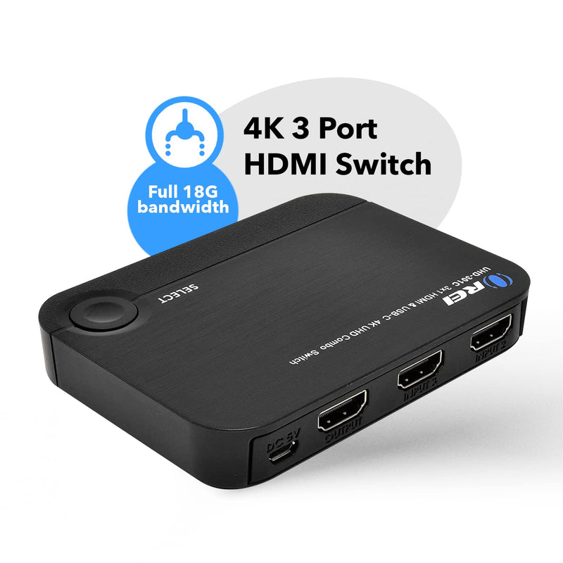  [AUSTRALIA] - OREI 4K 3 Port 3x1 HDMI Switch, 2 HDMI + USB-C Input Connect Laptop, PC, Computers, Phones, Gaming, Streaming Devices on One Display TV Monitor - UltraHD HDCP 2.0