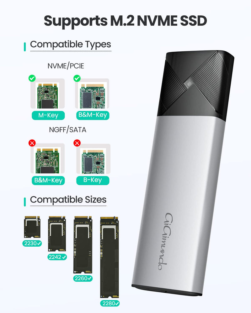  [AUSTRALIA] - GiGimundo M.2 NVMe SSD Enclosure - USB 3.2 10Gbps Type C Tool Free NVMe Adapter for M/B+M Key PCIe NVMe SSDs up to 8TB- Supports UASP & Sizes 2230/2242/2260/2280 (Silver) NVME/PCIE Silver