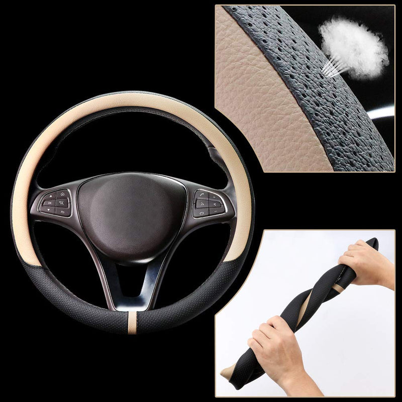  [AUSTRALIA] - COFIT Breathable Steering Wheel Cover Microfiber Leather with Center Mark Design Universal Medium Size 14 1/2 - 15 Inches Beige and Black M (14 1/2"-15")