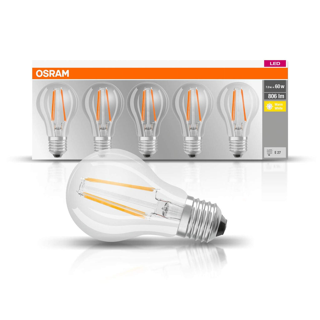  [AUSTRALIA] - Osram LED Base Classic A lamp, base: E27, warm white, 2700 K, 7 W, replacement for 60 W light bulb, clear, pack of 5