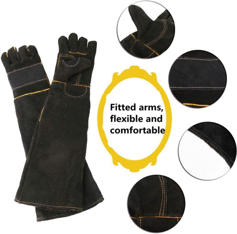  [AUSTRALIA] - AOWPFVV Animal Handling Gloves Bite Proof Leather for Dog,Cat Scratch,Falcon,Reptile,Snake,Long Welding Gloves Black
