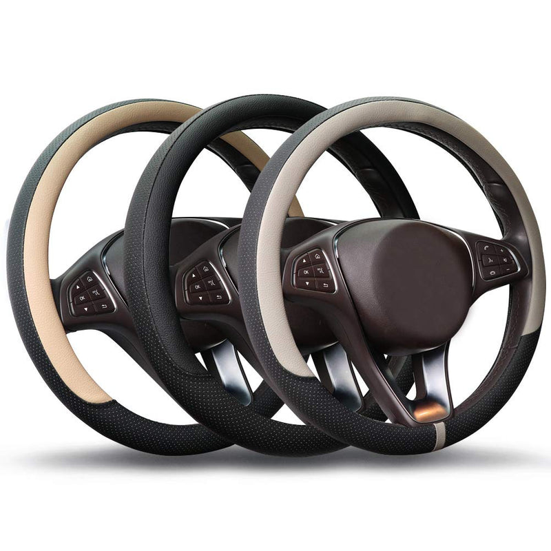  [AUSTRALIA] - COFIT Breathable Steering Wheel Cover Microfiber Leather with Center Mark Design Universal Medium Size 14 1/2 - 15 Inches Beige and Black M (14 1/2"-15")