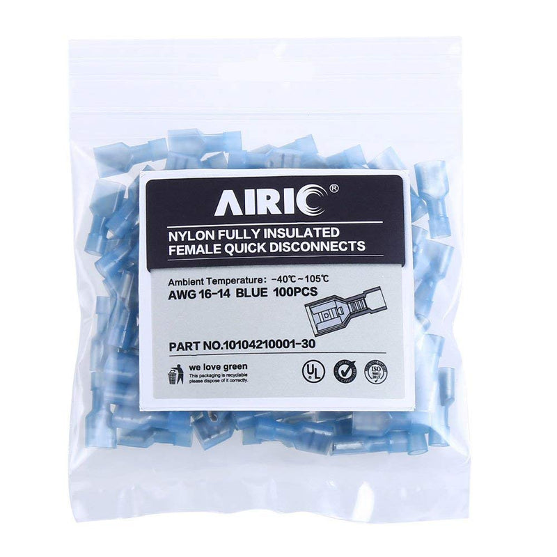  [AUSTRALIA] - AIRIC Female Spade Connector 16-14 Gauge 100PCS Nylon Fully Insulated Female Wire Quick Disconnects Spade Terminal Connectors Blue Female/100PCS Blue (16-14AWG)