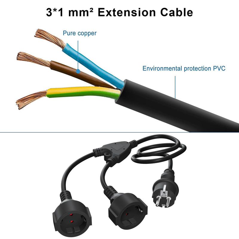  [AUSTRALIA] - KEAGAR protective contact extension cable outdoor, AC Schuko plastic cable with 2-way sockets, double plug for socket IP44 for home, office, outdoor area, 3 x 1.0mm², up to 250V/16A, black, 2M 1 piece-2M