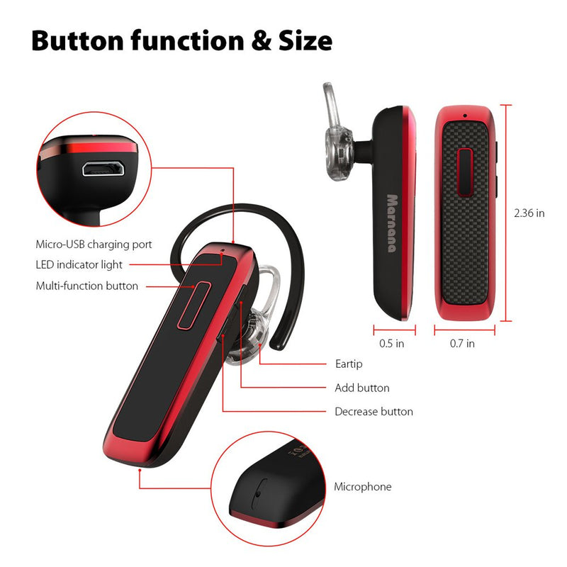 Bluetooth Headset, Marnana Wireless Bluetooth Earpiece with 18 Hours Playtime and Noise Cancelling Mic, Ultralight Earphone Hands-Free for iPhone iPad Tablet Samsung Android Cell Phone Call - Red - LeoForward Australia