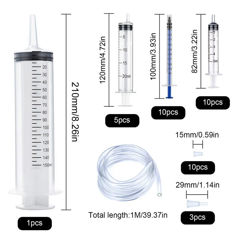  [AUSTRALIA] - Syringes 150ml syringe 1ml 5ml 20ml syringe without needle set of 26 pieces with rubber hose and converter for scientific laboratory experiments, industrial use, pet feeding 150ml + 20ml + 5ml + 1ml