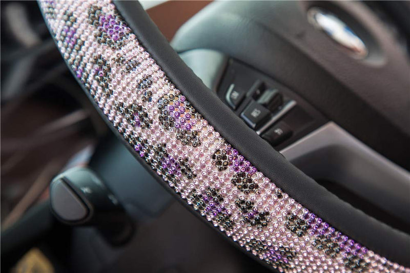 Crystal Diamond Steering Wheel Cover, PU Leather with Colorful Leopard Bling Bling Rhinestones, Universal 15inch / 38cm for Women Girls, Purple - LeoForward Australia