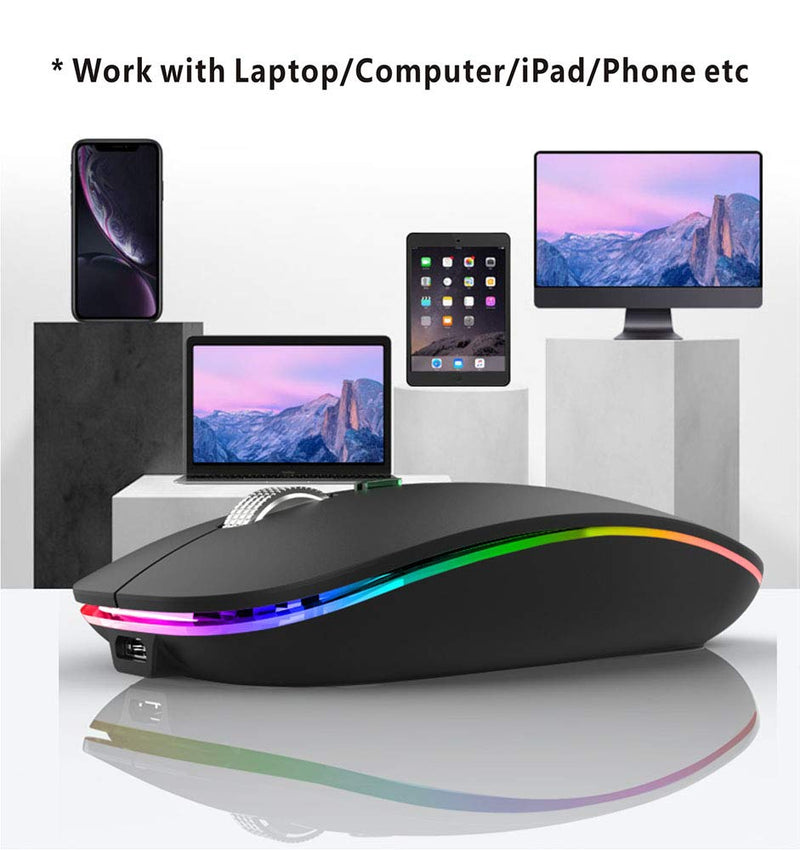 TENMOS Wireless Bluetooth Mouse, LED Slim Dual Mode (Bluetooth 5.1 + USB) 2.4GHz Rechargeable Silent Bluetooth Wireless Mouse with Type C Adapter for Laptop/MacBook/iPad OS 13 and Above (Matte Black) Matte Black - LeoForward Australia