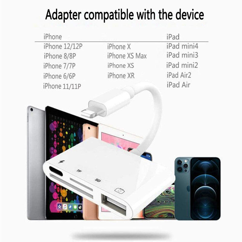 SD TF Card Reader Lightning Adapter, rosyclo Apple MFi Certified 4 in 1 USB OTG Camera Connection Kits Charge Cable for iPhone, Compatible with iPhone12/11/11Pro/X/iPad, Support iOS 9.2-14+(White) - LeoForward Australia