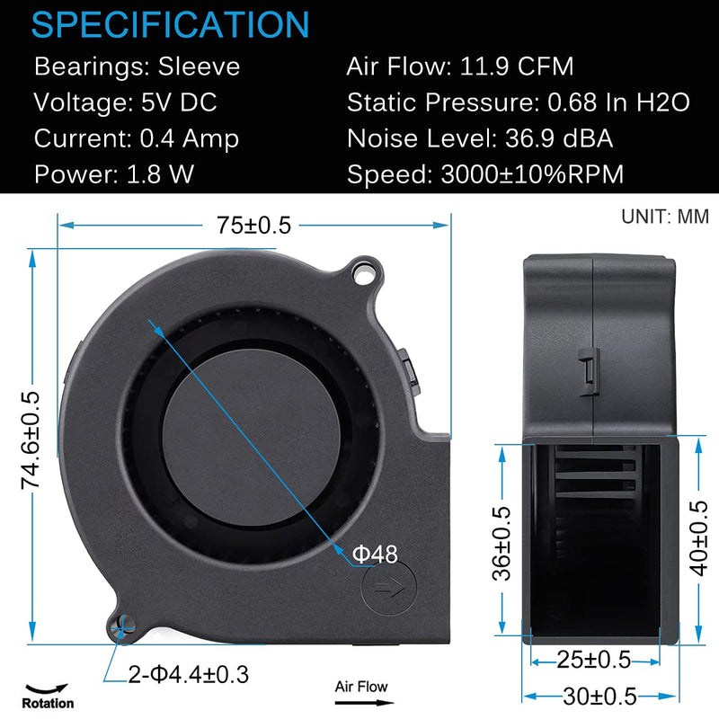  [AUSTRALIA] - GDSTIME 7530 75mm x 75mm x 30mm 5V USB Blower Brushless Cooling Fan