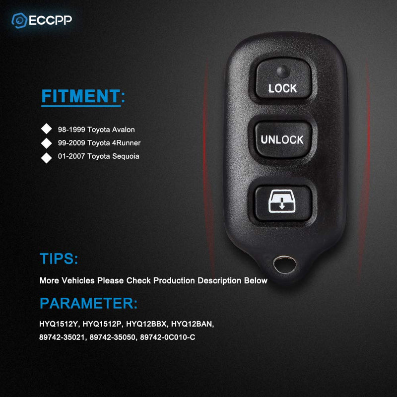  [AUSTRALIA] - ECCPP Replacement fit for Keyless Entry Remote Control Car Key Option Fob Toyota Avalon/ 4Runner/ Sequoia HYQ12BAN (Pack of 2) X 2pcs