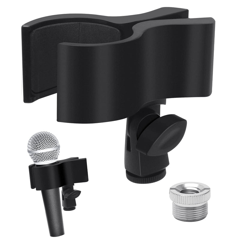  [AUSTRALIA] - Adjustable Microphone Holder Clip, 1 Pcs Plastic Spring Mic Clip, Microphone Stand Outer Diameter Between 32mm to 60mm with 1pcs 5/8" to 3/8" Screw Adapter, Black (Black-1PCS)