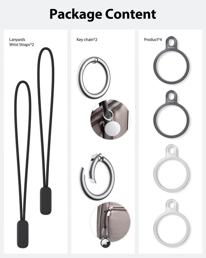  [AUSTRALIA] - Stouchi 4 Packs Airtag Holder Key Ring, Stainless Steel Invisible Slim Keychains Compatible with Airtag 2021 Finder Items, Dog, Key, Backpacks Air Tag Accessories with 2 anti-lost ropes 2 Grey+ 2 Silver