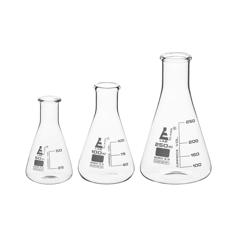 Premium Erlenmeyer Flask Set - 50ml, 100ml & 250ml - Narrow Neck, White Graduations - Superior Durability & Chemical Resistance - Borosilicate 3.3 Glass - Eisco Labs - LeoForward Australia
