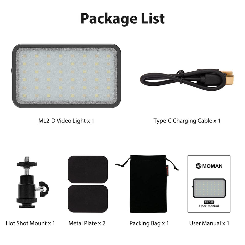  [AUSTRALIA] - LED Video Light, Moman ML2D Light Panel with Metal Plate 3000K-6500K Bi-Color Dimmable CRI 95+ Built-in Rechargeable Battery for Phone YouTube Video Photography Live Streaming ML2D-01