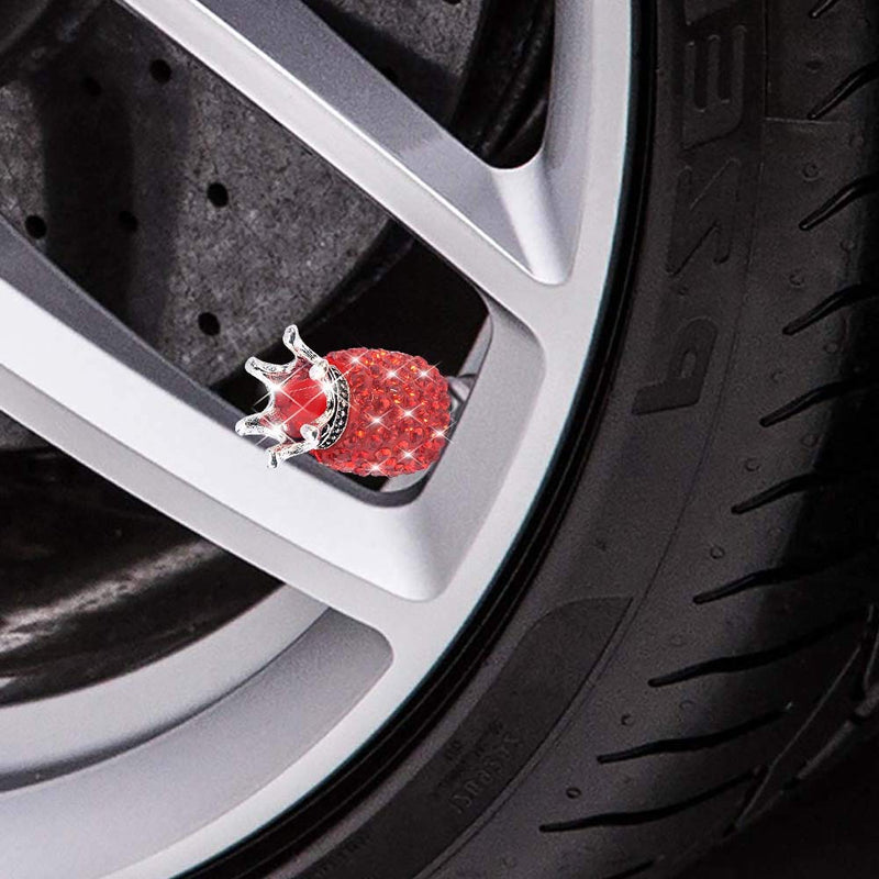  [AUSTRALIA] - Valve Stem Caps, 4 Pack Handmade Crystal Rhinestone Universal Car Tire Valve Caps Chrome,Attractive Dustproof Bling Car Accessories - Red Diamond Crown