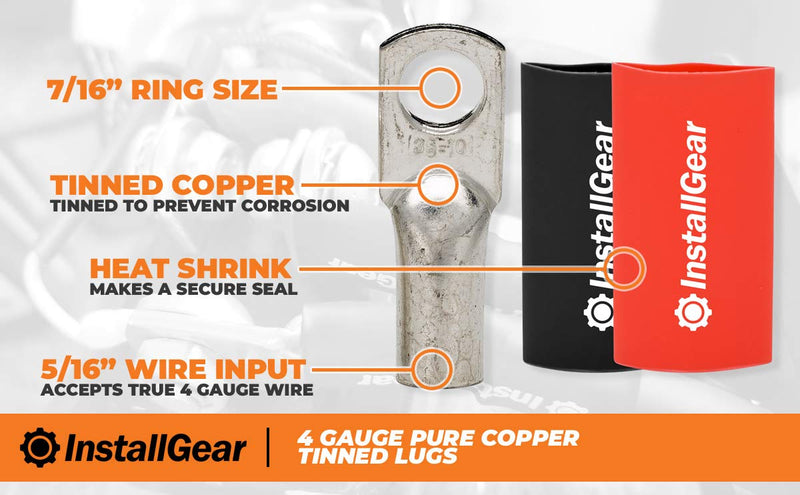  [AUSTRALIA] - InstallGear 4 Gauge AWG Tinned Pure Copper Lugs Ring Terminals Connectors with Heat Shrink - 10-Pack
