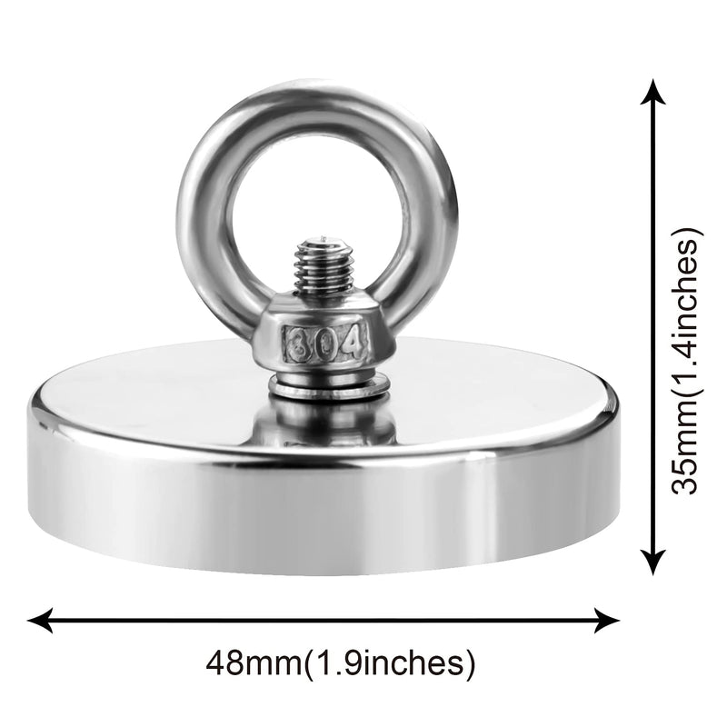  [AUSTRALIA] - DIYMAG 2Pack 270 lbs(123 KG) Pulling Force Powerful Fishing Magnets,with Countersunk Hole Eyebolt, Diameter 1.88 inch(48 mm), for Retrieving in River and Magnetic Fishing