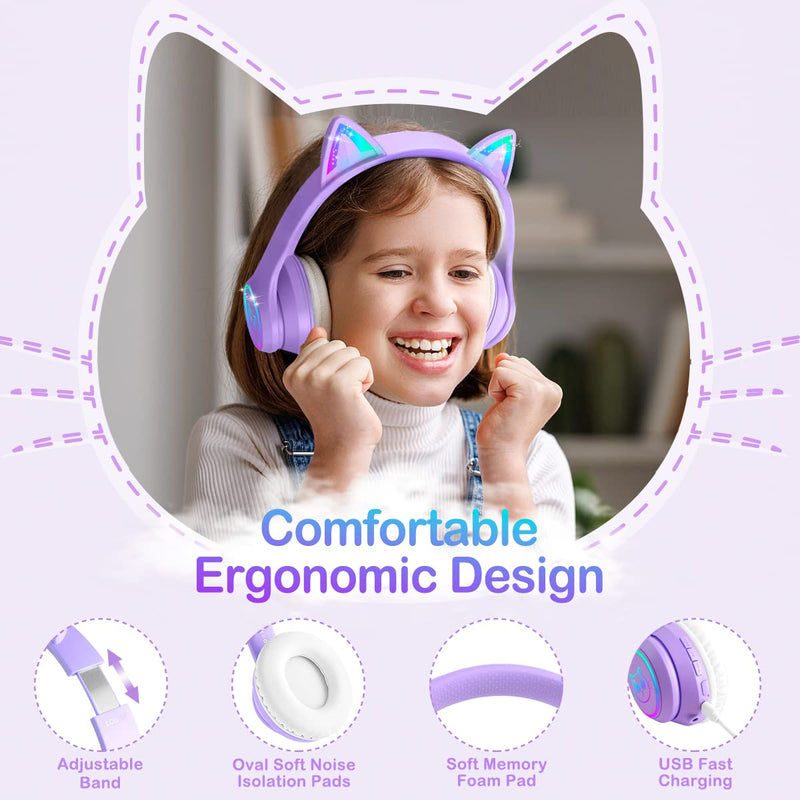  [AUSTRALIA] - LOBKIN Bluetooth 5.1 Kids Headphones with Bag - RGB LED Light Up Cat Ears Foldable Adjustable On-Ear Headset Support Wireless or 3.5mm Wired Mode for Toddler & Girls & Boys Teens (Purple) Purple