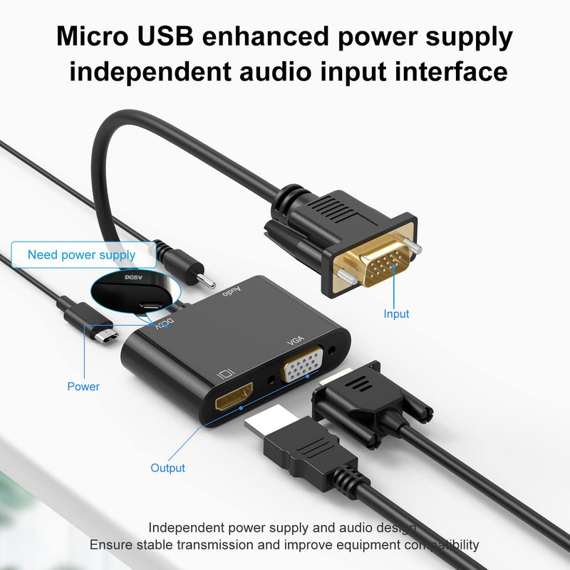  [AUSTRALIA] - VGA to HDMI VGA Adapter, Dual Display 1080P VGA to HDMI VGA Splitter Converter with Charging Cable and 3.5mm Audio Cable for Computer, Desktop, Laptop, PC, Monitor, Projector and More