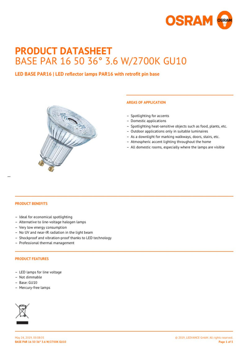  [AUSTRALIA] - Osram Base PAR16 LED reflector lamp with GU10 base, 4.3 W, warm white, 10 pieces (pack of 1) 50W 10 pack 2700k warm white