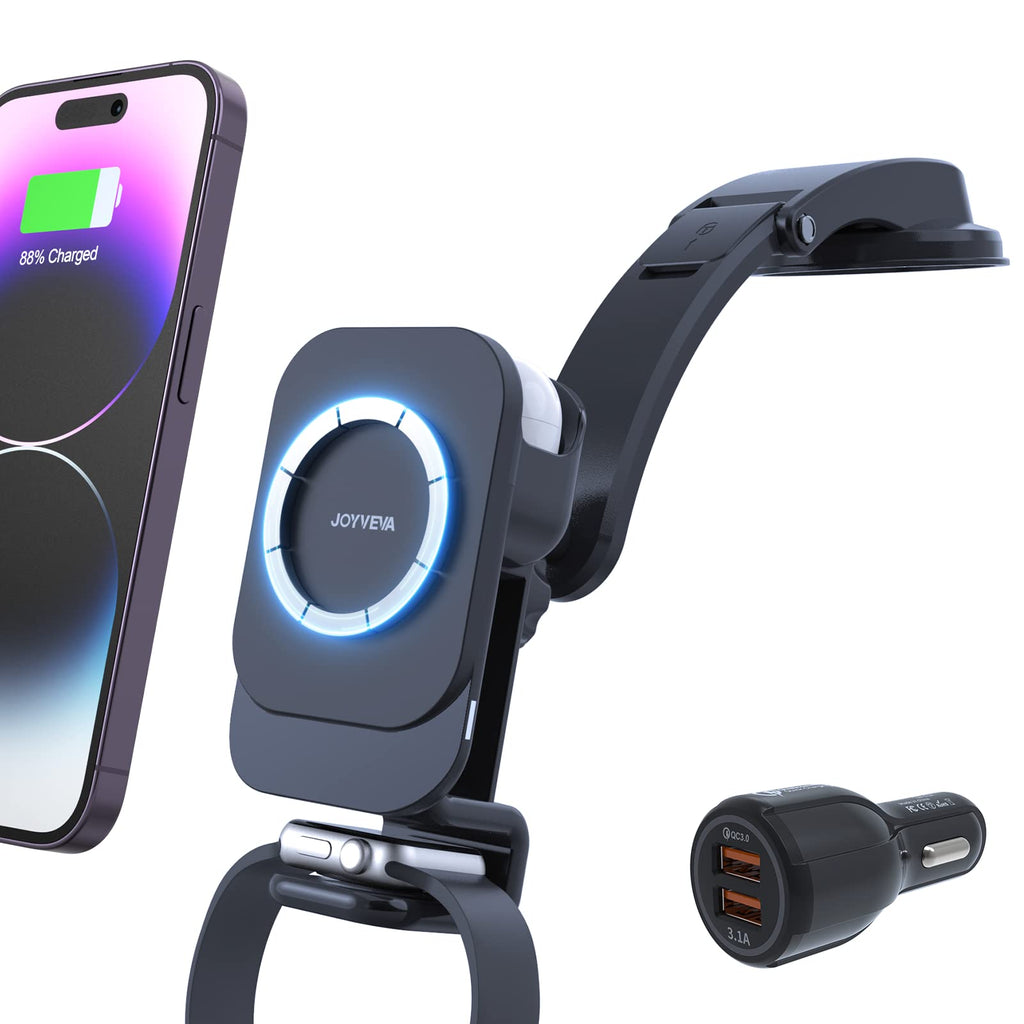  [AUSTRALIA] - 3 in 1 Magnetic Wireless Car Charger, Car Charging Mount for iPhone/Apple Watch/AirPods, JOYVEVA Car Phone Holder Mount Charger for iPhone 14/13/12, Apple Watch 8/7/6/5/4/3/2/SE, AirPods Pro 2/Pro/3/2