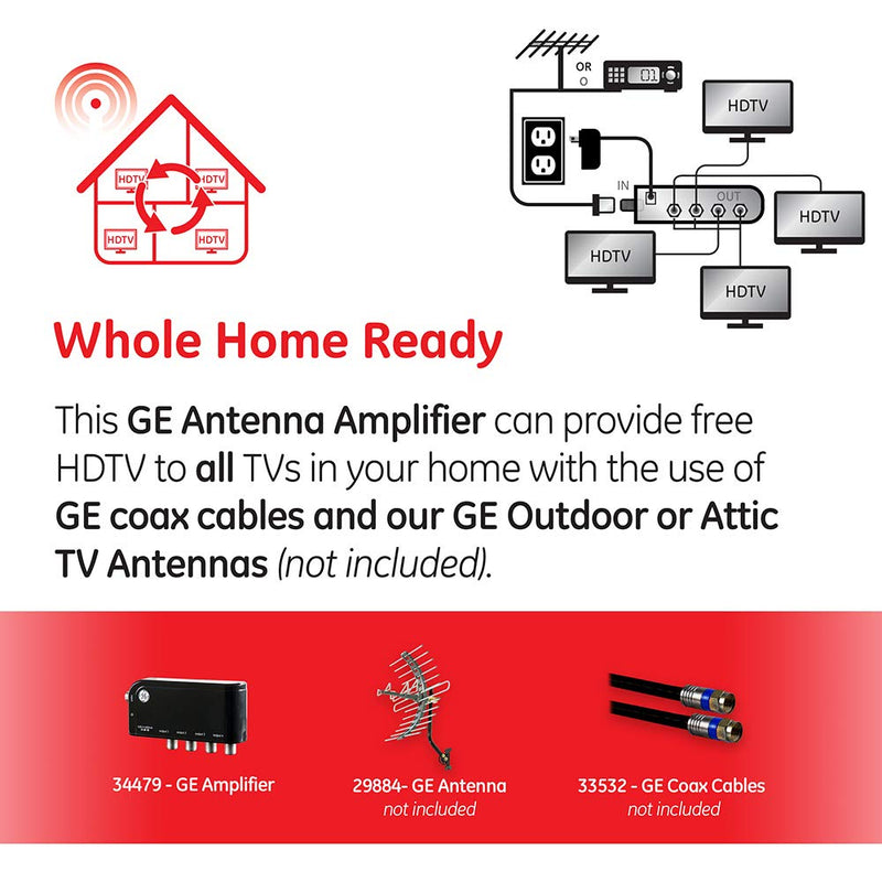  [AUSTRALIA] - GE 4-Way HD Digital TV Antenna Amplifier, Low Noise Antenna Signal Booster, Clears Up Pixelated Low-Strength Channels, Supports Multiple HD Smart TVs, AC Adapter, Black, 34479 4 Way Splitter