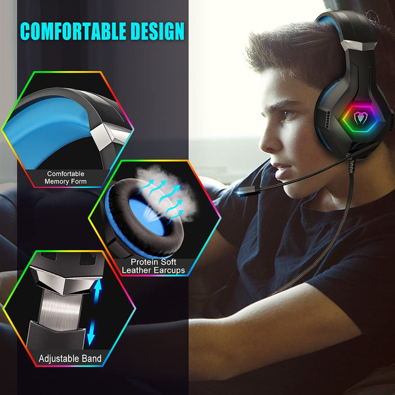  [AUSTRALIA] - Gaming Headset PS4 Headset with 7.1 Surround Sound, Xbox One Headset with Noise Cancelling Flexible Mic with 2pcs Mic Cover RGB LED Light Memory Earmuffs for PS5, PS4, Xbox one, PC, Nintendo Switch