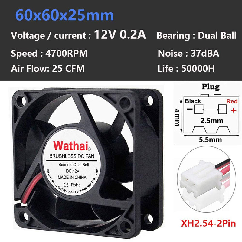  [AUSTRALIA] - Wathai 60mm x 60mm x 25mm 12V 2P Dual Ball DC Case Fan Brushless Cooling Fan 12V Ball