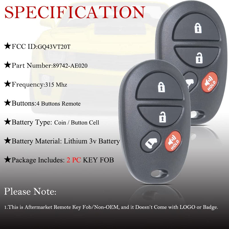  [AUSTRALIA] - Key Fob Remote Replacement Fits for Toyota Sienna 2004 2005 2006 2007 2008 2009 2010 2011 2012 2013 2014 2015 2016 2017 GQ43VT20T Keyless Entry Remote Control 89742-AE020(2PCS)