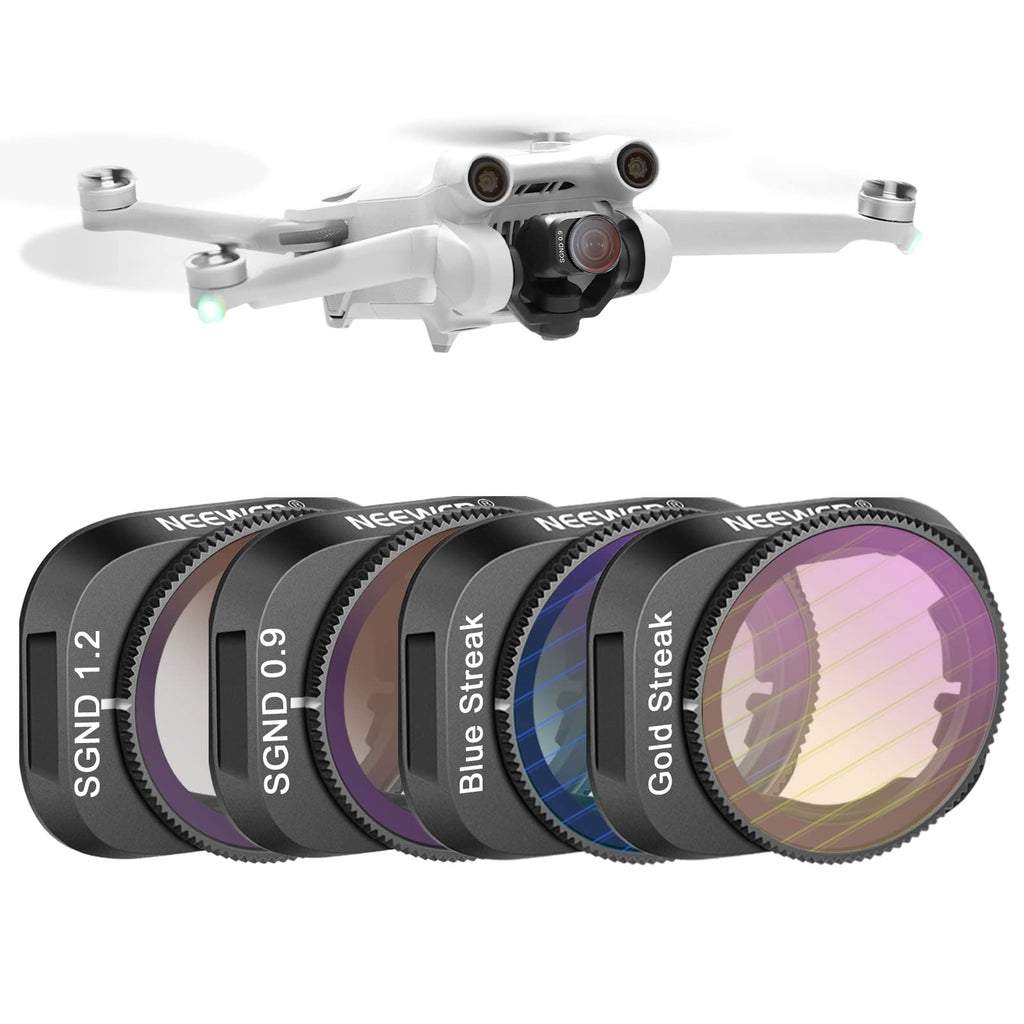  [AUSTRALIA] - NEEWER ND and Effect Filter Set Compatible with DJI Mini 3/Mini 3 Pro, 4 Pack GND0.9 GND1.2 Soft Edge Gradient Neutral Density Filter and Blue/Gold Streak Anamorphic Effect Filter for Drone Lens