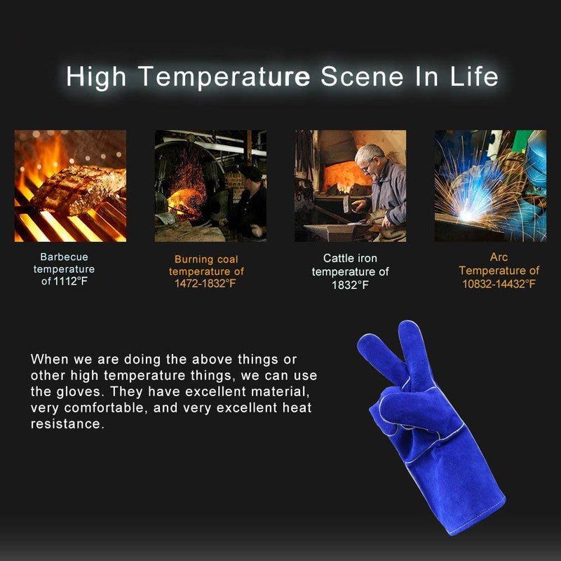  [AUSTRALIA] - DEKO Welding Gloves 14 inch Leather Forge Heat Resistant Welding Glove for Mig, Tig Welder, BBQ, Furnace, Camping, Stove, Fireplace and More (Blue)