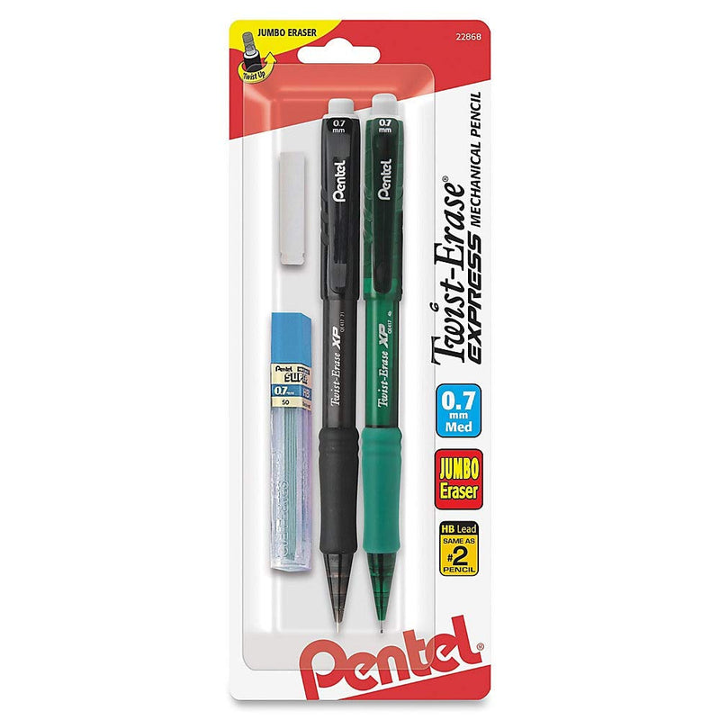  [AUSTRALIA] - Pentel Twist-Erase Express Automatic Pencil with Lead and Eraser, 0.7mm, Assorted Barrels, 2 Pack (QE417LEBP2)