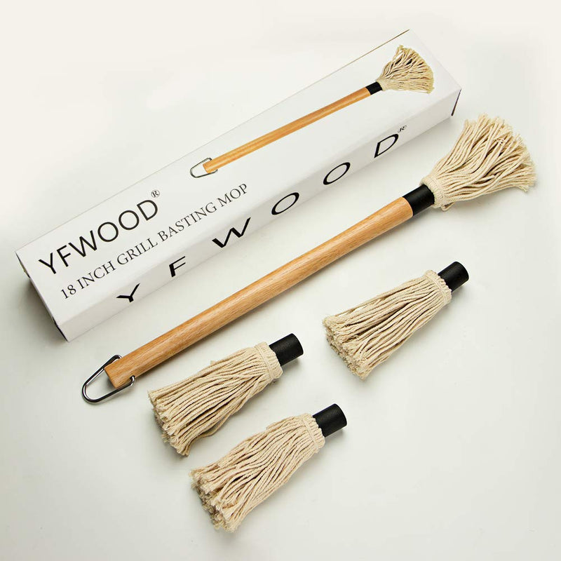  [AUSTRALIA] - YFWOOD 18 Inch Grill Basting Mop Wooden Long Handle with 3 Extra Replacement Heads for BBQ Grilling Smoking Steak