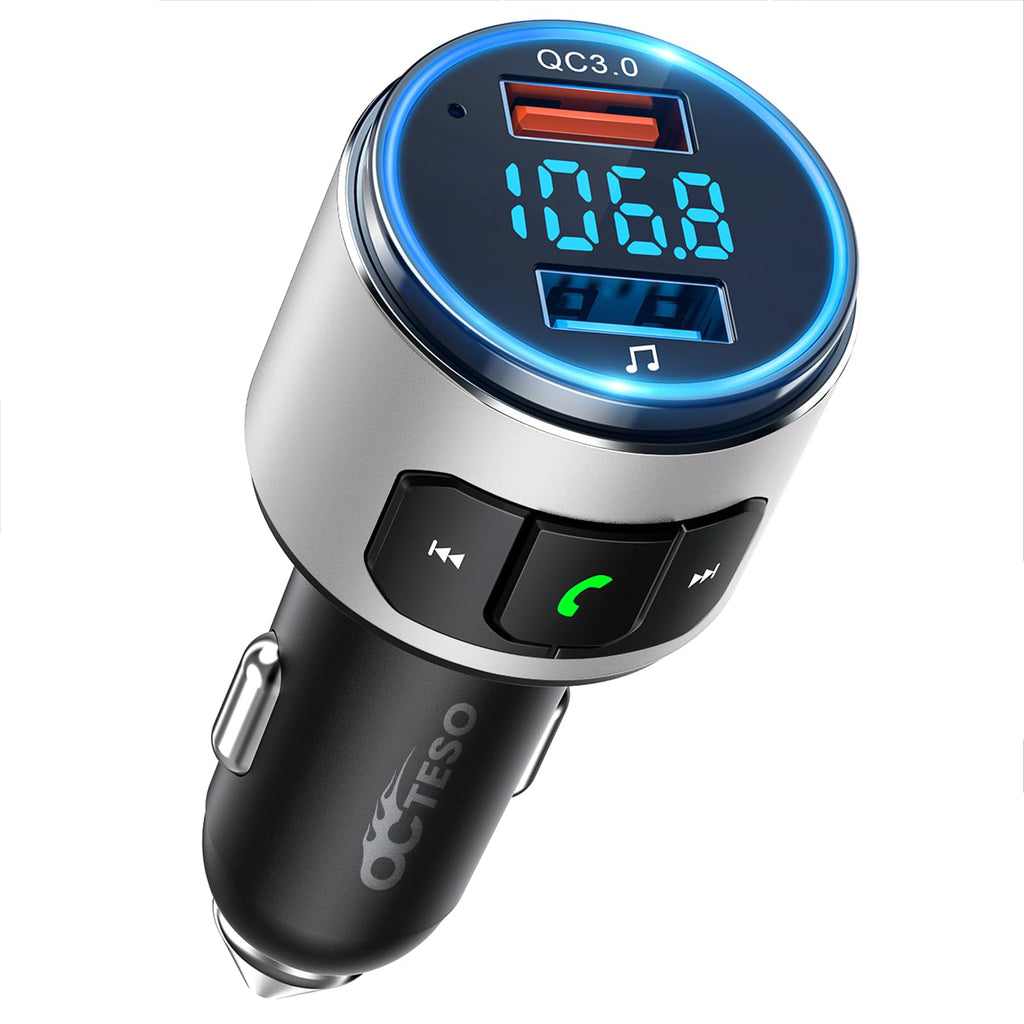  [AUSTRALIA] - Octeso Upgraded V5.0 FM Bluetooth Transmitter Car, QC3.0 & LED Backlit Wireless Bluetooth FM Radio Adapter Music Player/Car Kit with Hands-Free Calls, Siri Google Assistant-Silver Silver