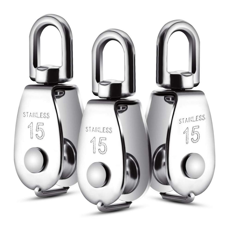  [AUSTRALIA] - Dorhea 6 Pack 0.59" Single Pulley Block 304 Stainless Steel M15 Crane Swivel Hook Single Pulley Roller Smooth Wire Rope Cable Heavy Loading 0.59 inch