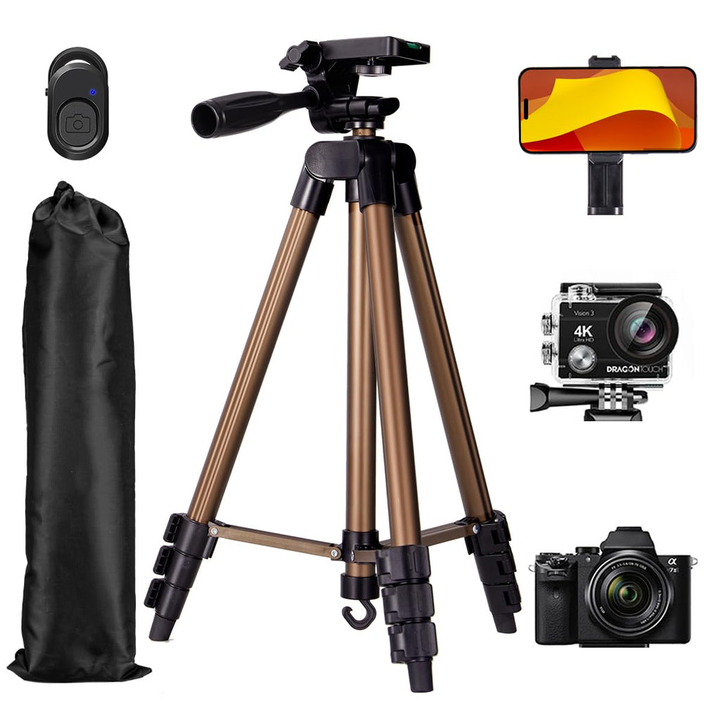  [AUSTRALIA] - Phone Tripod Stand, 55" iPhone Tripod Extendable Lightweight Aluminum with Phone Mount & Wireless Remote & Carry Bag, Adjustable Travel Tripod Compatible with Cell Phone/Camera (Brown)