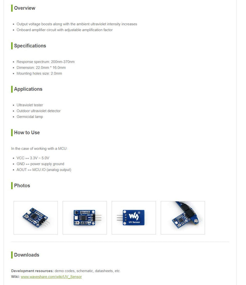  [AUSTRALIA] - Waveshare DC3.3-5V 200nm-370nm Response Wavelength UV Detection Sensor Module Ultraviolet Ray UV Sensor Module