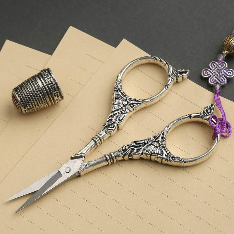  [AUSTRALIA] - Embroidery Scissors, Sewing Scissor Sharp Tip Stainless Steel, Vintage European Design Scissors with Tassel,Thimble, DIY Tools Dressmaker Shears for Fabric, Embroidery, Needlework(Silver)