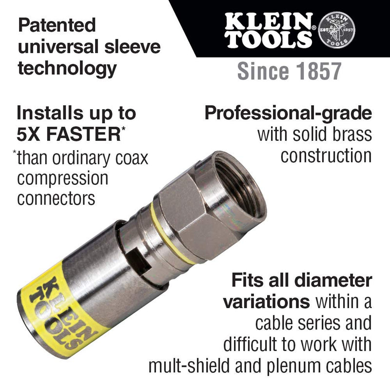 Klein Tools VDV812-612 Compression Connectors, Universal F Connectors RG6/6Q with Universal Sleeve Technology, Professional Grade, 50-Pack 50 Pack - LeoForward Australia