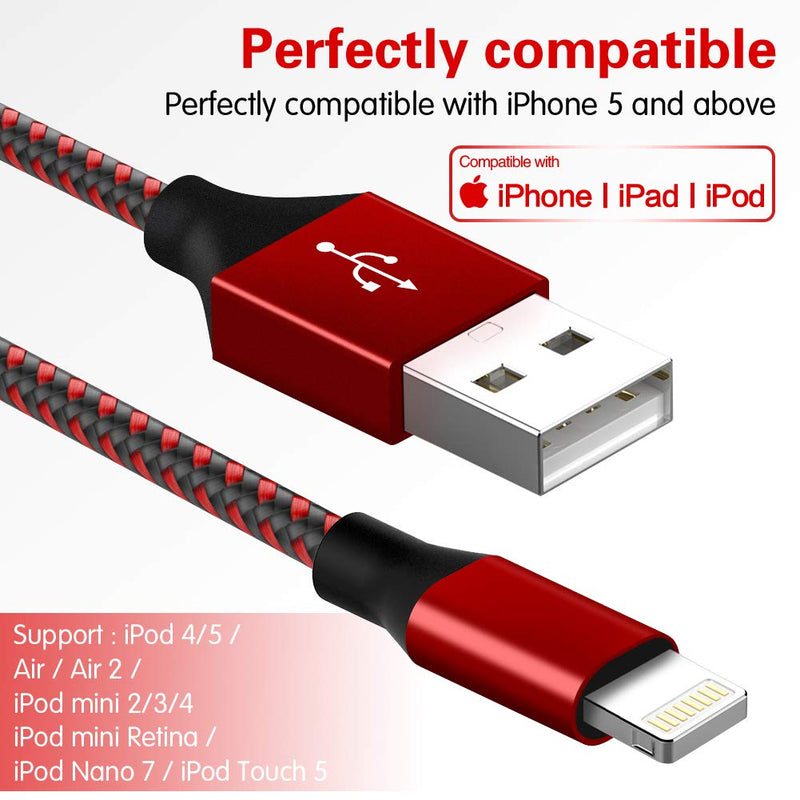  [AUSTRALIA] - [Apple MFi Certified] iPhone Charger 5Pack(3/3/6/6/10 FT) Long Lightning Cable Fast Charging High Speed Data Sync USB Cable Compatible iPhone 14/13/12/11 Pro Max/XS MAX/XR/XS/X/8/7/Plus/6S-Black&Red Black and Red